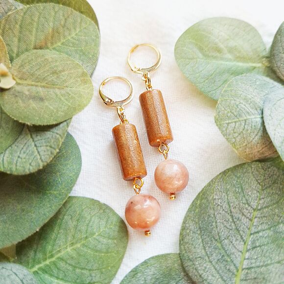 Sunstone Onyx Drop Earrings, Earthy Gold Earrings, Elegant Cottagecore Earrings - Picture 1 of 9